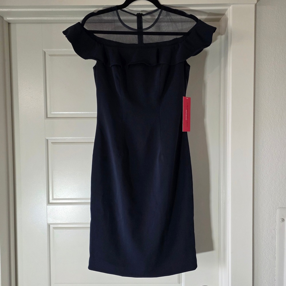 Carmen Marc Valvo Infusion Navy Blue Sheer Mesh Ruffle Cocktail Dress 2